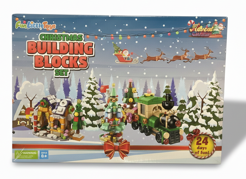 Christmas building blocks set packaging with festive scene and text