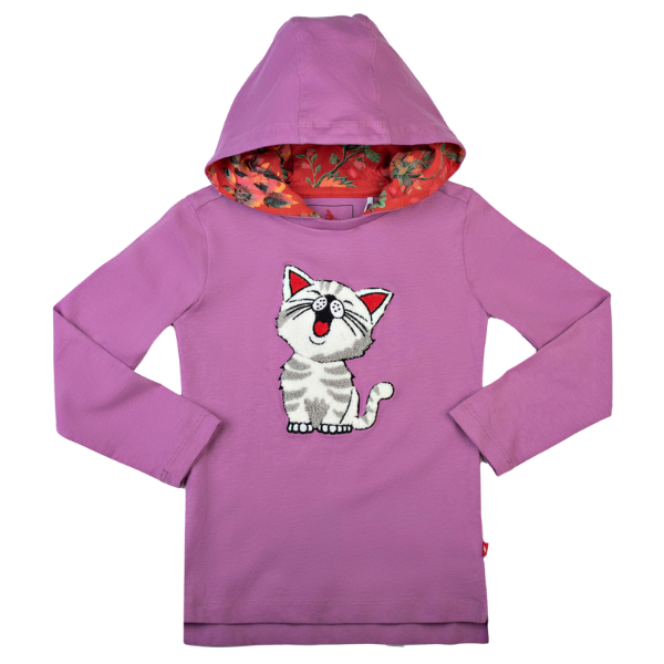 Girls Long Sleeve Hooded T-Shirt - Cat Purple