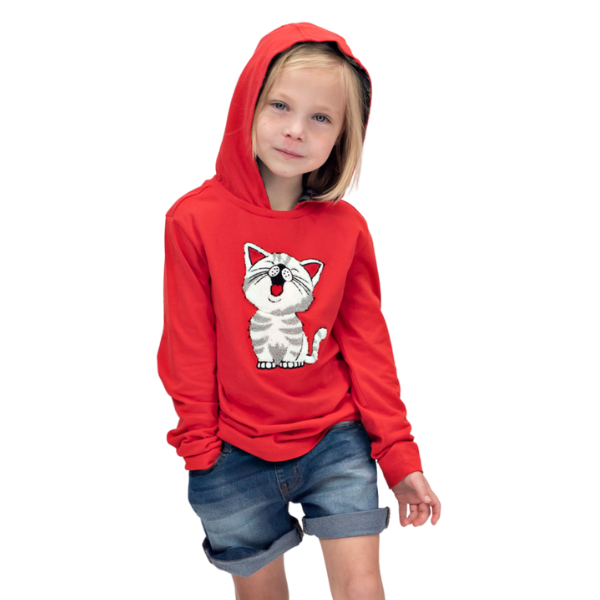 Girls Long Sleeve Hooded T-Shirt - Cat Red