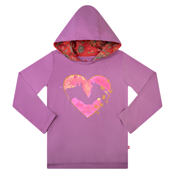 Girls Long Sleeve Hooded T-Shirt - Heart Horses Purple