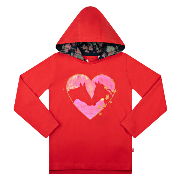 Girls Long Sleeve Hooded T-Shirt - Heart Horses Red