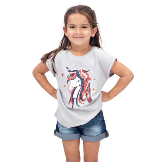 Toddler Girls Short Sleeve T-shirt - Unicorn Red/White/Blue