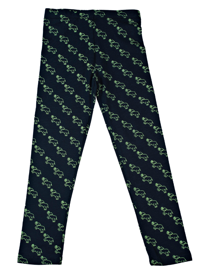 Girls Leggings Slim Fit - Navy with Green Elephant Print