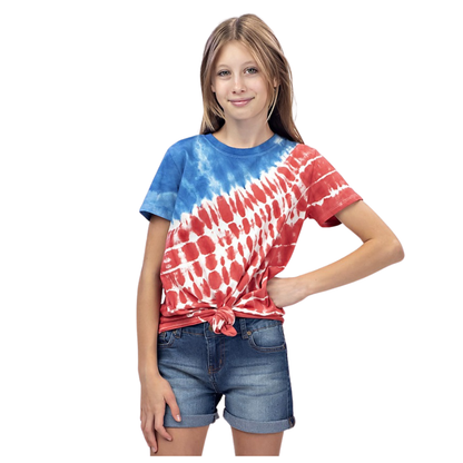 Toddler Girls Short Sleeve Knotted T-Shirt - Red/White/Blue Tie Dye