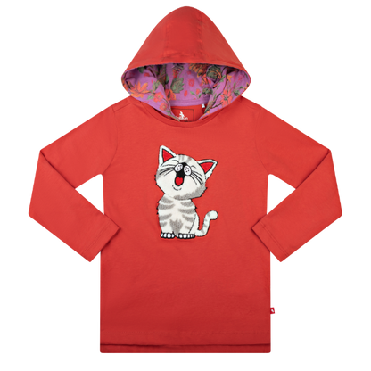 Girls Long Sleeve Hooded T-Shirt - Cat Red