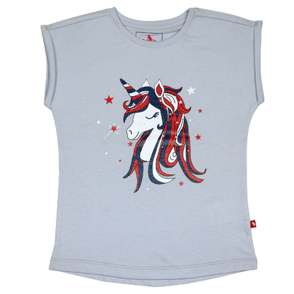 Girls Short Sleeve T-shirt - Unicorn Red/White/Blue
