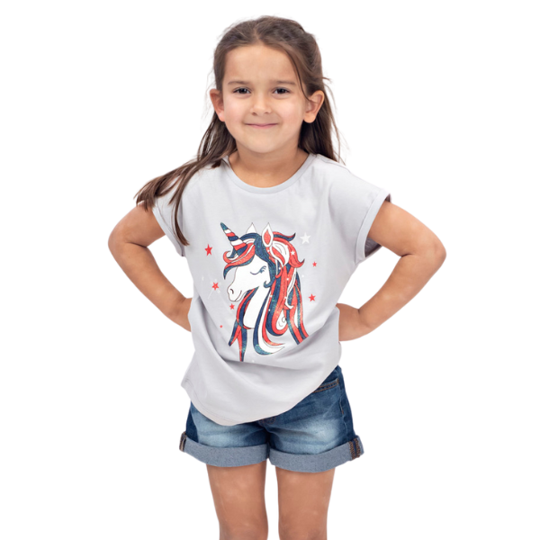 Girls Short Sleeve T-shirt - Unicorn Red/White/Blue