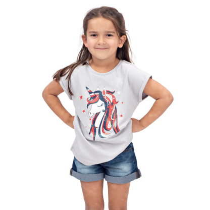 Girls Short Sleeve T-shirt - Unicorn Red/White/Blue
