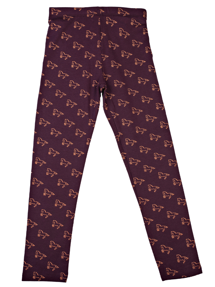 Girls Leggings Slim Fit - Dark Purple with Peach Horse Print
