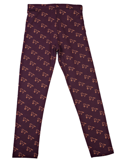 Girls Leggings Slim Fit - Dark Purple with Peach Horse Print