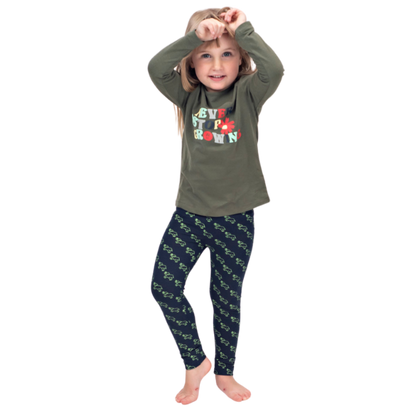 Girls Leggings Slim Fit - Navy with Green Elephant Print