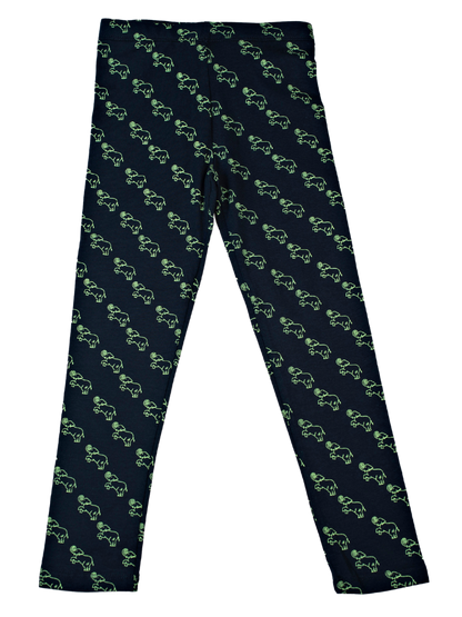Girls Leggings Slim Fit - Navy with Green Elephant Print